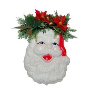 VINTAGE SANTA CLAUS FACE HANGING BLOW MOLD PLASTIC BELLS & POINSETTIAS CHRISTMAS